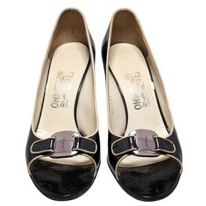 Salvatore Ferragamo Black Patent Leather Gancini Peep Toe HeelMade in Italy‎ 7.5